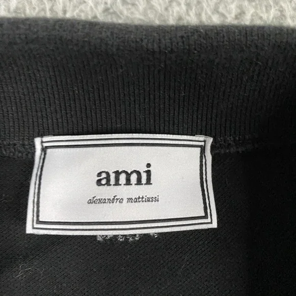 AMI Polo Shirt Mens Medium Short Sleeve Black Mesh Knit Logo - Picture 3 of 10